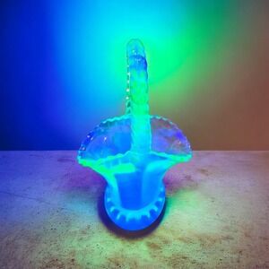 Vtg Twist Handle Basket Vase  Vaseline Uranium Art Glass Basket Ruffles Depressi